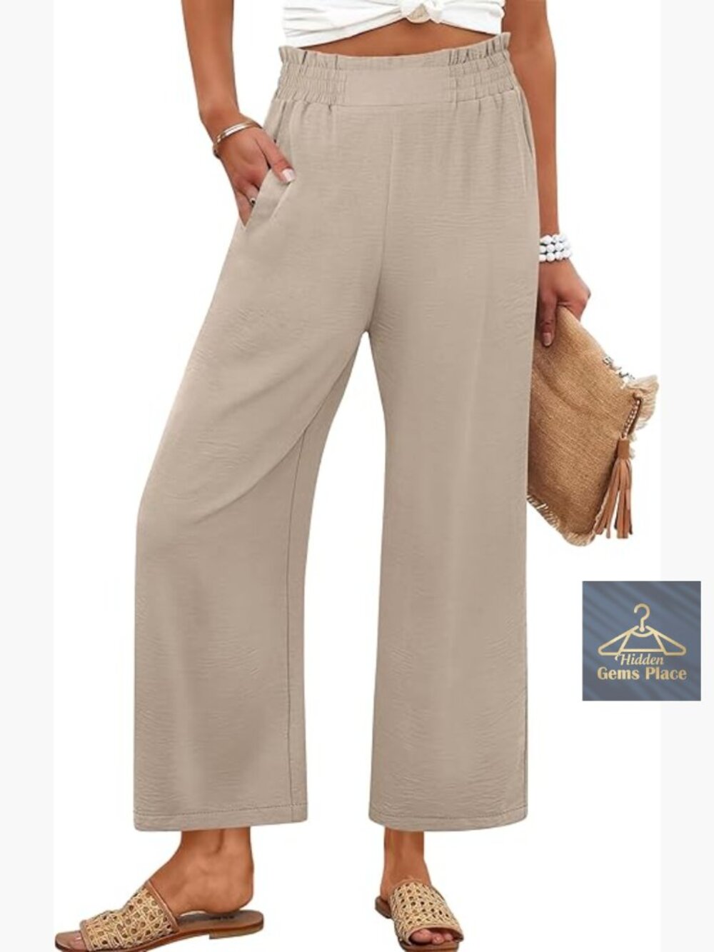 Wide Leg Palazzo Pants High Waisted Cropped Flowy Trousers with Pockets